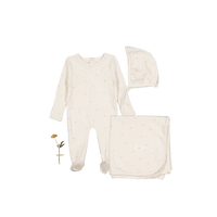 The Printed Romper + Bonnet + Blanket Set - Pink Bow