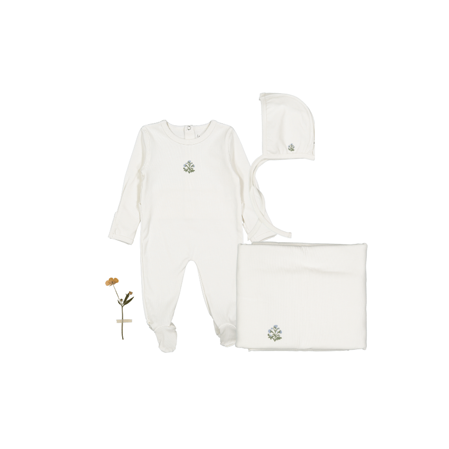 The Printed Romper + Bonnet + Blanket Set - Zara Embroider Blue 