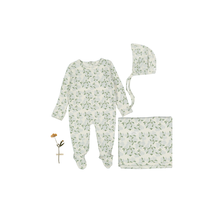 The Printed Romper + Blanket Set - Hydrangea Blue