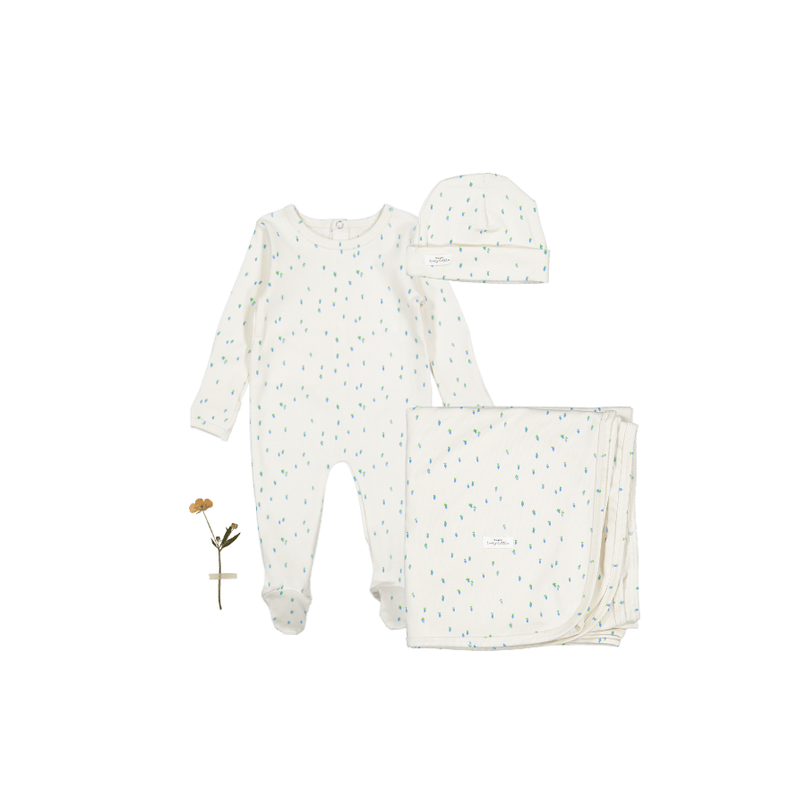 The Printed Romper + Hat + Blanket Set - Raspberry Blue