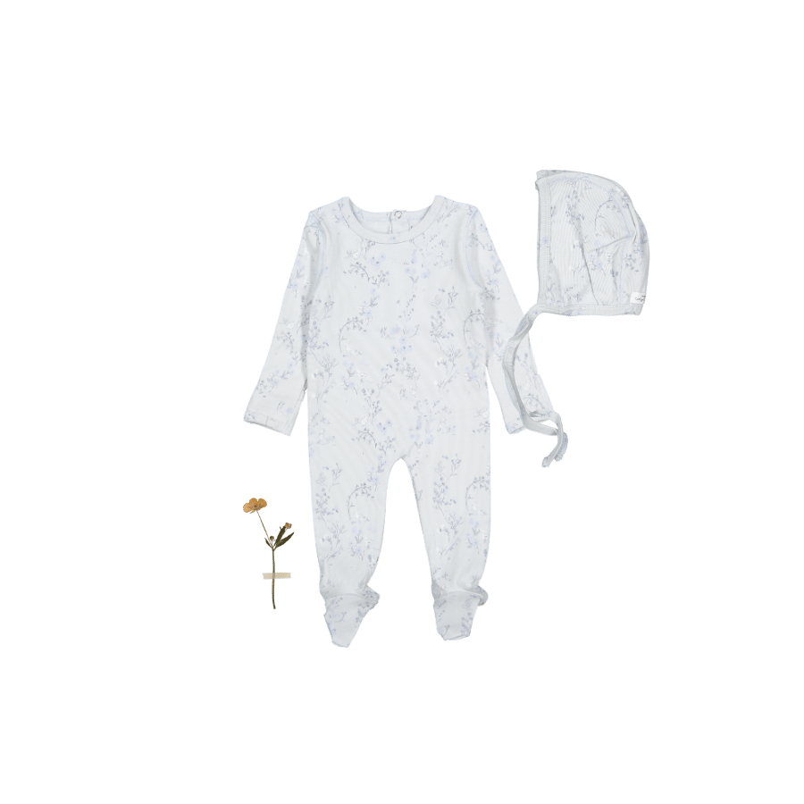 The Printed Romper + Bonnet Set - Joy Blue