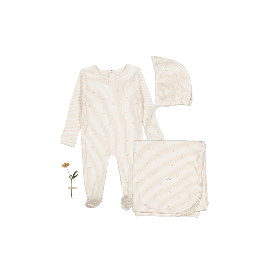 The Printed Romper + Bonnet + Blanket Set - Pink Bow